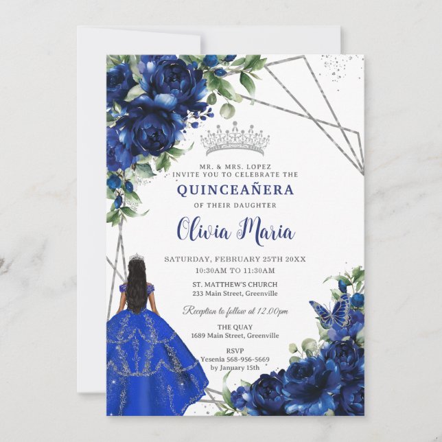 Convites Royal Blue Flowers Princesa Silver Quinceañera (Frente)