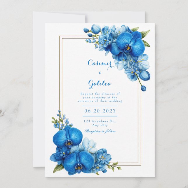 Convites Royal Blue Gilded Botanical Orchid Wedding (Frente)