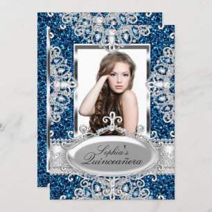 Convites Royal Blue Glitter Diamond Glamor Quinceanera
