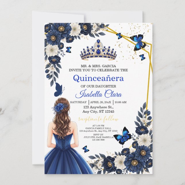 Convites Royal Blue Gold Butterfly Quinceañera Invite (Frente)