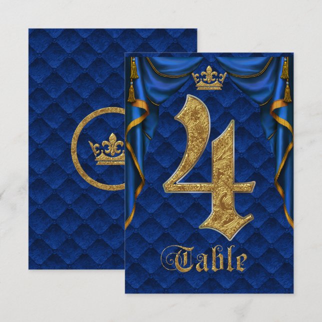 Convites Royal Blue Gold Coroa Número da Mesa de Casamento  (Frente/Verso)