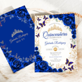 Convites Royal Blue Gold Floral Quinceanera