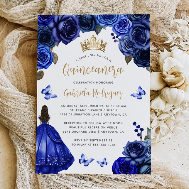 Convites Royal Blue Gold Floral Quinceañera (Criador carregado)
