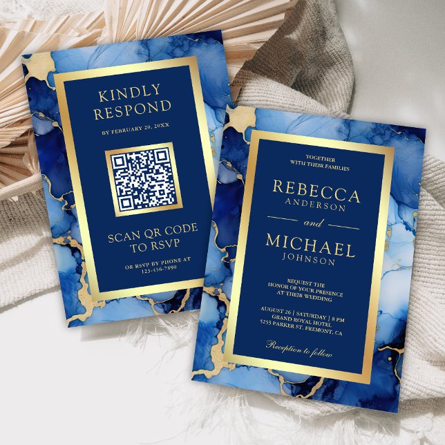 Convites Royal Blue Gold Fluid Ink QR Code Wedding (Criador carregado)
