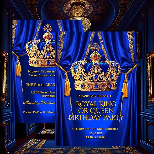 Convites Royal Blue Gold King Queen Crown Birthday Party (Criador carregado)
