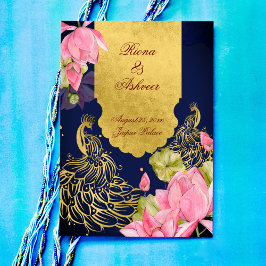 Convites Royal blue gold peacock pink lotus Indian wedding