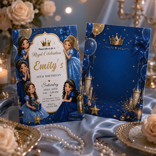 Convites Royal Blue Gold Princesa 20º Aniversário (Criador carregado)