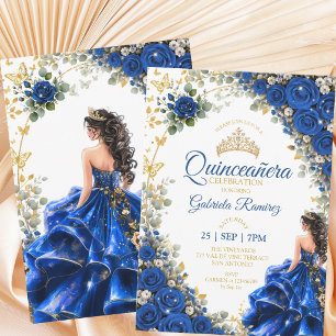Convites Royal Blue Golden Quinceañera Borboletas