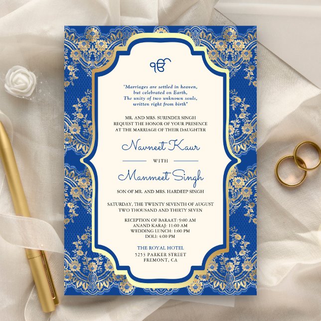 Convites Royal Blue Lace Código QR Anand Karaj Casamento Si (Criador carregado)