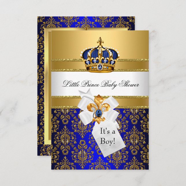 Convites Royal Blue Little Prince Crown Chá de fraldas Conv (Frente/Verso)