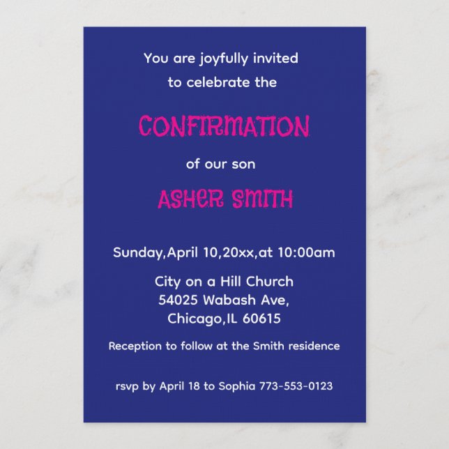 Convites Royal Blue & Magenta Son's Confirmation Invitation (Frente)