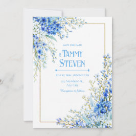 Convites Royal Blue Muscari Watercolor Gold Frame Wedding