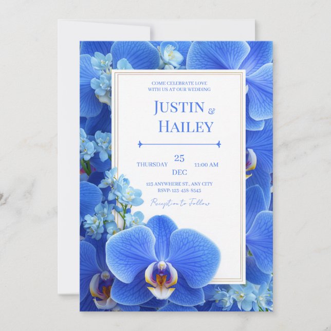 Convites Royal Blue Orchid Modern Tropical Wedding (Frente)
