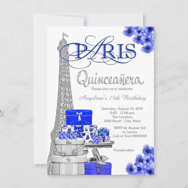 Convites Royal Blue Paris Quinceanera (Frente)