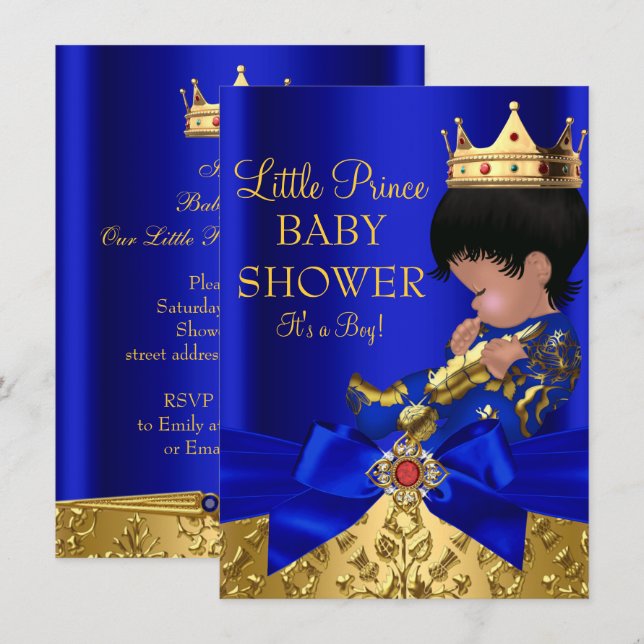 Convites Royal Blue Prince Boy Chá de fraldas afro-american (Frente/Verso)