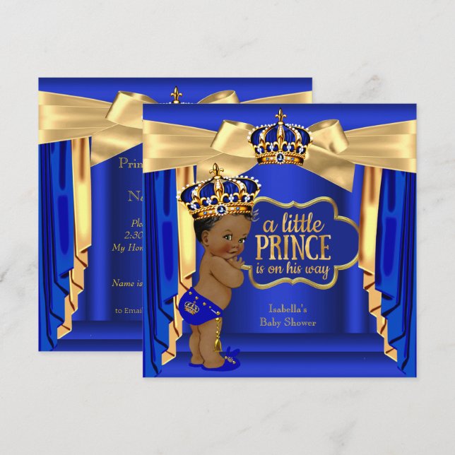 Convites Royal Blue Prince Chá de fraldas Dourado Crown Étn (Frente/Verso)
