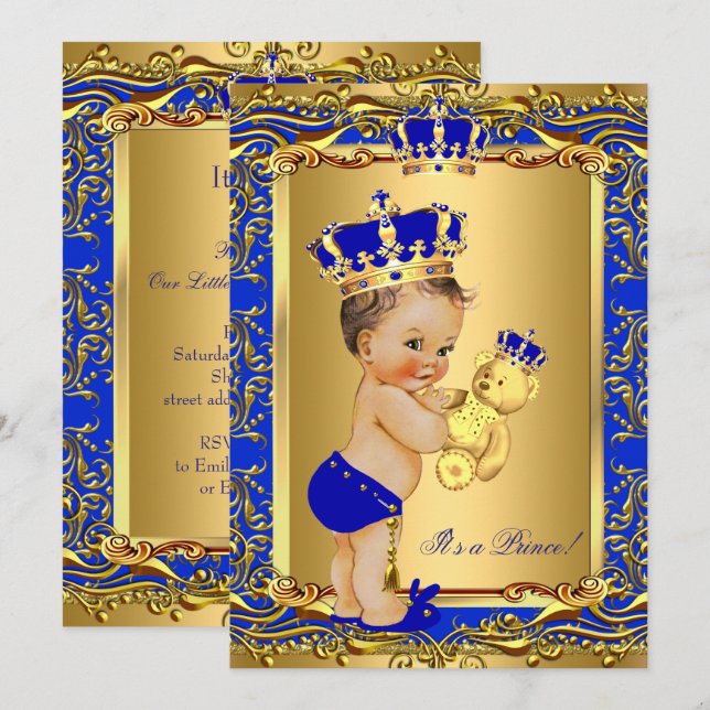 Convites Royal Blue Prince Crown Chá de fraldas Bear Brunet (Frente/Verso)
