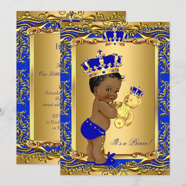 Convites Royal Blue Prince Crown Chá de fraldas Bear Étnica (Frente/Verso)