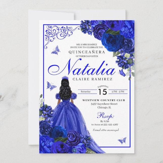 Convites Royal Blue Princess & Butterflies Quinceañera (Frente)