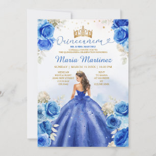 Convites Royal Blue Princess Dourada Floral Quinceañera