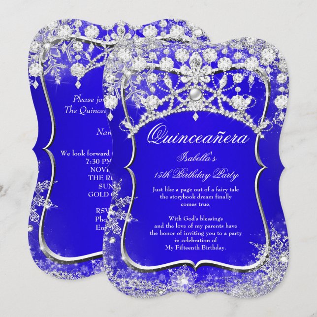 Convites Royal Blue Quinceanera 15 Winter Wonderland (Frente/Verso)