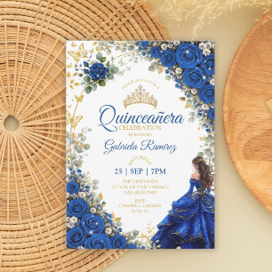 Convites Royal Blue Quinceañera Borboletas Douradas