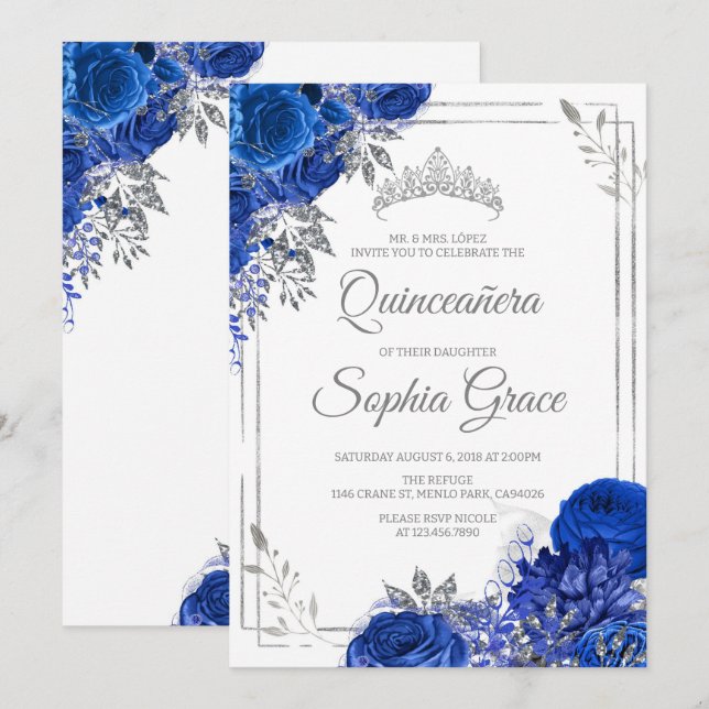Convites Royal Blue Quinceañera Butterflies Mis Quince (Frente/Verso)