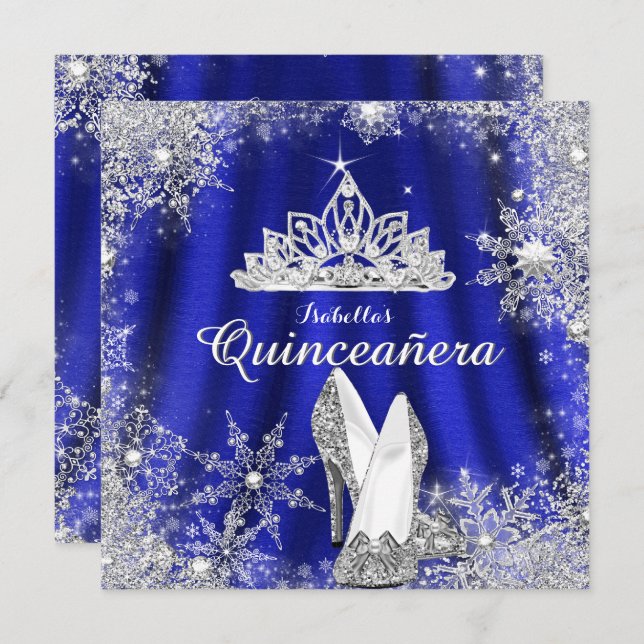 Convites Royal Blue Quinceanera Silver Tiara 15 Birthday (Frente/Verso)