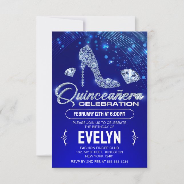 Convites Royal Blue Quinceanera Sparkles Diamond Aniversári (Frente)