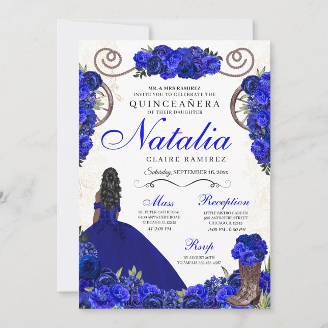 Convites Royal Blue Ranchero Princess Quinceanera (Frente)