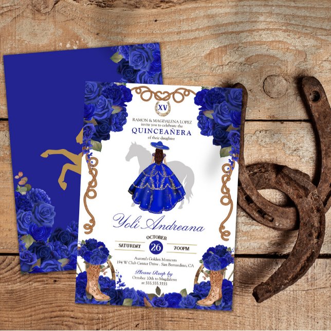 Convites Royal Blue Rosa Boots Charra Vestidos Quinceañera (Criador carregado)