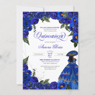 Convites Royal Blue Rosa Charro Dress Floral Quinceanera