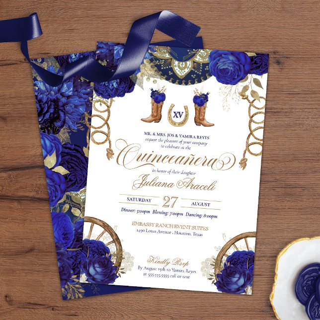 Convites Royal Blue Rosa Country Western Charro Quinceanera (Criador carregado)