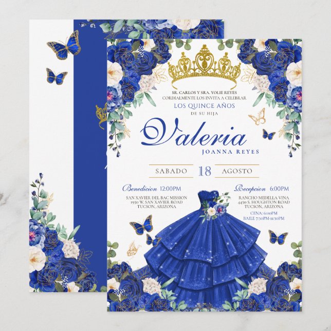 Convites Royal Blue Rosa Elegant Princess Quinceanera (Frente/Verso)