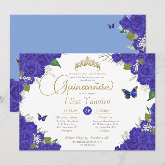Convites Royal Blue Rosa Floral Tiara Butterfly Quinceanera (Frente/Verso)