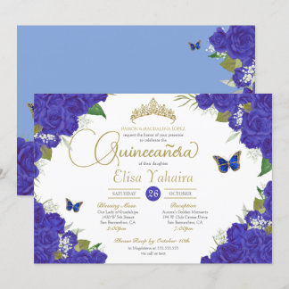 Convites Royal Blue Rosa Floral Tiara Butterfly Quinceanera