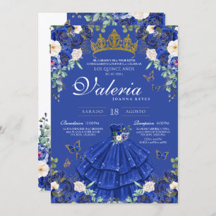 Convites Royal Blue Rosa Princesa Elegante Quinceanera
