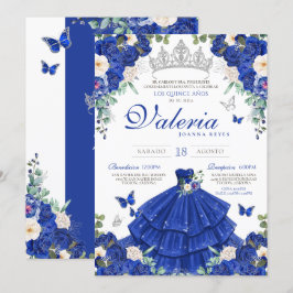 Convites Royal Blue Rosa Silver Princess Quinceanera