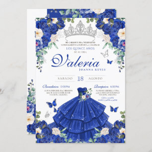 Convites Royal Blue Rosa Silver Princess Quinceanera
