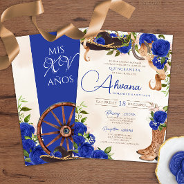 Convites Royal Blue Rosa Vintage Charro Western Quinceanera