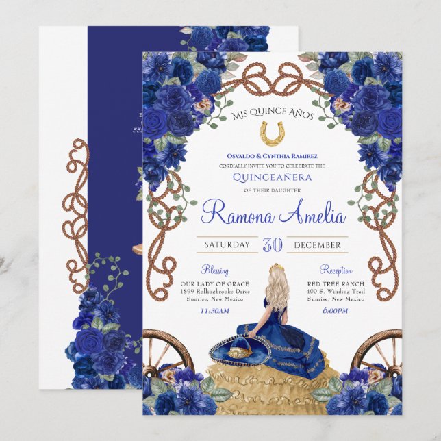 Convites Royal Blue Rosa Western Charra Quinceañera (Frente/Verso)