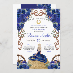 Convites Royal Blue Rosa Western Charra Quinceañera