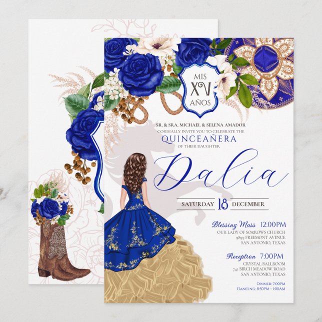 Convites Royal Blue Rosa Western Charro Quinceañera Invitat (Frente/Verso)