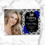 Convites Royal Blue Rosas Black Damask Foto 50th Birthday<br><div class="desc">Elegante convite floral feminino para o 50º aniversário com sua foto. Design azul real branco preto-claro com cinza azul escura. Apresenta cor damasco preta e branca, rosas de safira, fonte de script e confetti. Perfeito para uma festa de comemoração de na moda adulto. Personalize com seus próprios detalhes. Pode ser...</div>