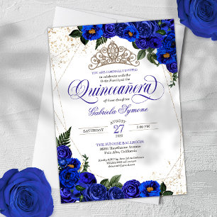 Convites Royal Blue Rosas e Dourada Tiara Elegante Quinceañ