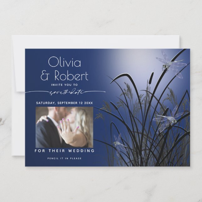 Convites Royal Blue Save the Date Moonlight Dragonfly (Frente)