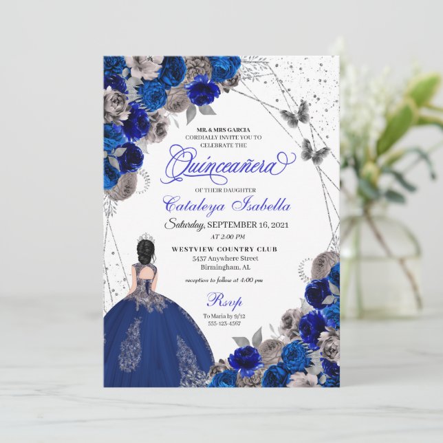 Convites Royal Blue Silver Butterfly Princess Quinceanera (Em pé/Frente)