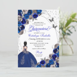 Convites Royal Blue Silver Butterfly Princess Quinceanera