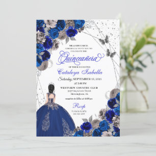 Convites Royal Blue Silver Butterfly Princess Quinceanera