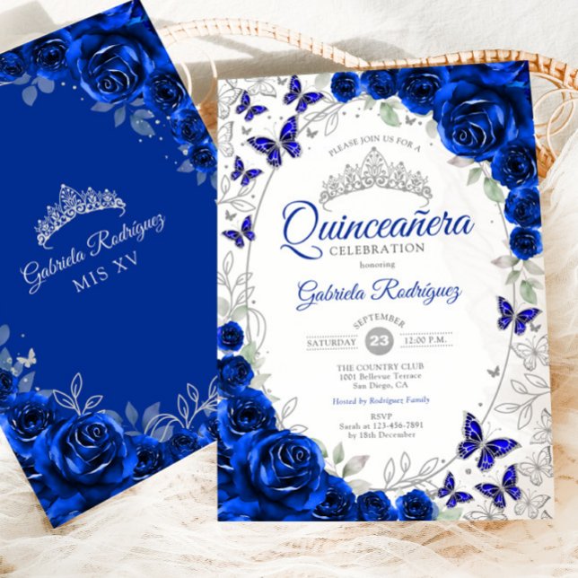 Convites Royal Blue Silver Floral Quinceanera (Criador carregado)